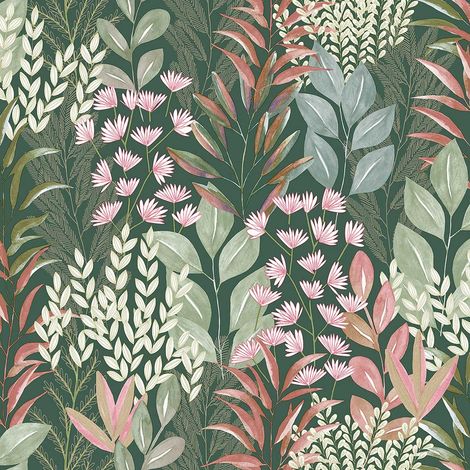 Papier peint feuillage aquarelle vert profond (1/3)