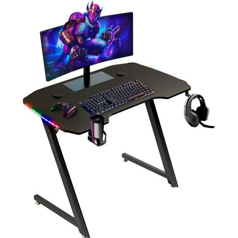 Baroni Home Scrivania Gaming per Computer Ergonomica con Supporto e Gancio Cuffie e Porta Bicchiere, Tavolo da Gioco in MDF e Acciaio, con Luci LED Multicolore,100x60 cm (1/5)