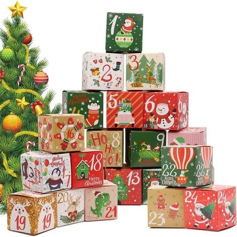 24 Boîte de Noël, Lot De 24 Sachets De Calendrier De l\'Avent à Remplir, Avec 24 Caisses, Sac Cadeau, Boîtes De l\'Avent à Remplir (1/4)