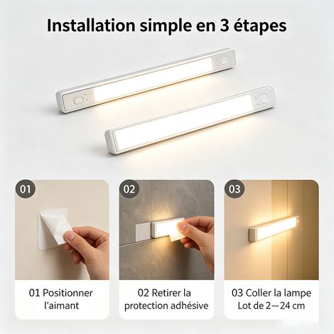 2 lampes à capteur de mouvement LED 24 cm, tricolores, éclairage automatique pour escalier, garde-robe, couloir, capteur de présence - Blanc (1/5)