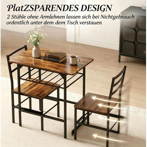 Set da pranzo compatto con tavolo 80x50 cm e 2 sedie industriali in metallo e legno marrone rustico (1/5)
