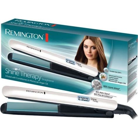 Lisseur céramique Shine Therapy – Plaques infusées à l'huile d'argan – 9 réglages de température 150°C à 230°C – Chauffage rapide 15s – Remington