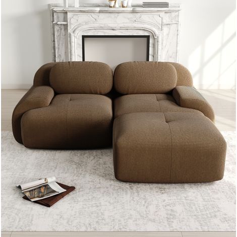 Divano angolare modulare in tessuto effetto velluto a coste marrone 208x178x70 cm (1/5)