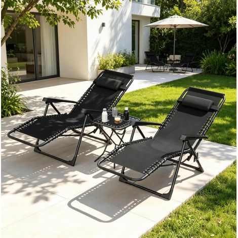 Juego de 2 sillas reclinables con mesa auxiliar, respaldo ajustable, metal y textilene negro (1/5)
