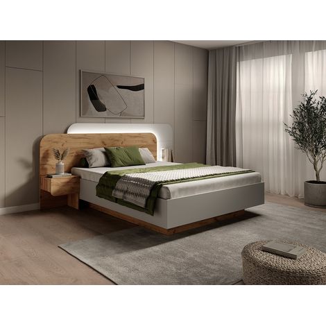 Lit avec chevets 160 x 200 cm - Avec LEDs - Coloris : Naturel et blanc + Sommier + Matelas - DESADO (1/4)
