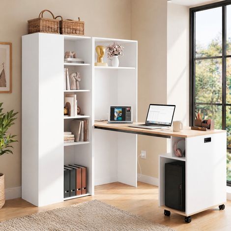 Escritorio plegable 2 en 1 con estantes, enchufe EU y puertos USB, MDF blanco DESVIAE (1/5)