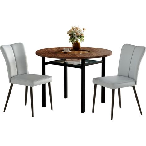 Ensemble table à manger ronde 100 cm avec 2 chaises en cuir régénéré gris clair, plateau décor bois foncé et verre, pieds réglables pour cuisine et salle à manger CHICFURN (1/5)