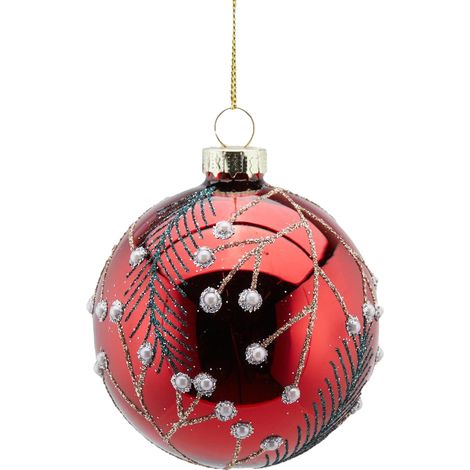 Pallina per albero di Natale con Aghi e Perle pendaglio decorativo Rosso da 8 cm