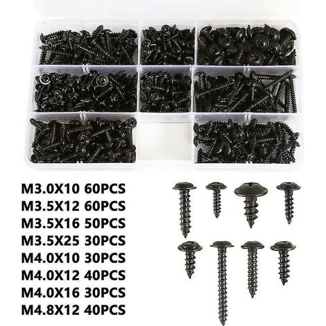 Vis à tôle noire auto-fonctionnelle 340 pièces. vis en acier au carbone auto-inoxydable. vis à tête plate. tête cruciforme pour bois. taille: M3.0-m4.8 (1/4)