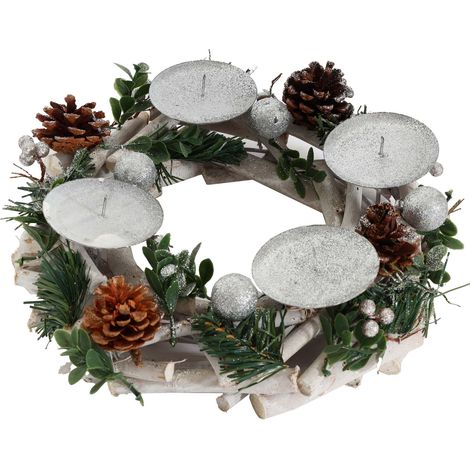 Couronne de l'Avent HWC-M12, Arrangement de l'Avent Couronne de table Décoration de table bois argenté blanc Ø 30cm - sa (1/5)