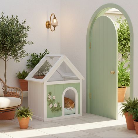 Maison pour chat en bois avec toit en acrylique transparent, 63,5 x 47,5 x 78 cm, vert menthe HAVRYA (1/5)