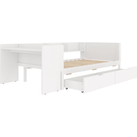 Letto singolo 90x200 cm con scrivania, 2 cassetti e ripiani, pino e truciolare, bianco (1/5)