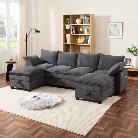 Divano modulare 280x151x82 cm grigio in velluto a coste con contenitori, USB, portabicchieri e 2 pouf (1/5)