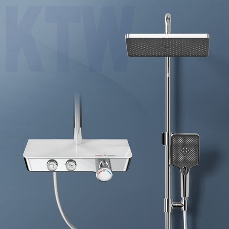 Kit de douche avec thermostat, système de douche à effet pluie, douchette à 3 jets, kit colonne de douche avec plateau en verre, chrome (1/5)