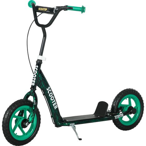 Patinete infantil con ruedas grandes, para edades de 6 a 12 años, altura regulable, freno trasero, caballete, color verde.
