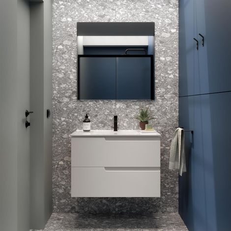 Badezimmermöbel VIMA 800 WHITE SATIN + Waschtisch + Spiegel (1/2)