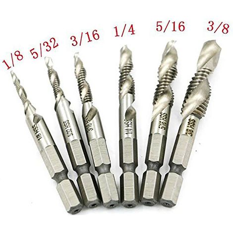Imperial-Set mit 6 Spiralbohrern aus 4341-Hochleistungsschnellstahl mit Sechskantschaft zum Öffnen, Gewindeschneiden und Anfasen. (1/5)