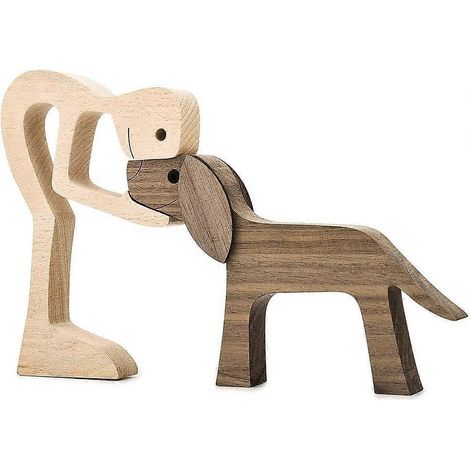 Handgefertigte Holzskulpturen, dekorative Figuren für Zuhause, Holzstatue, die einen Mann und einen Hund darstellt