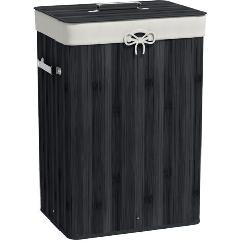BUNTHAUS Panier à linge, boîte à linge, panier à linge avec couvercle, sac en toile, bambou, pliable, 72 L, noir, 40 x 30 x 60 cm