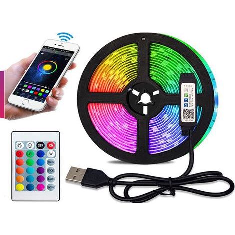 Tira de luces LED RGB de 5 m para habitación, controlada por aplicación Bluetooth y mando a distancia, luz decorativa multicolor de estilo fantástico, regulable con música, adecuada para el hogar, sal (1/4)