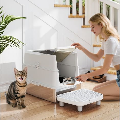 Litière pour chat 60,2x40,2x43,3 cm en acier inoxydable gris clair, moderne, avec pelle FloraGrace (1/5)