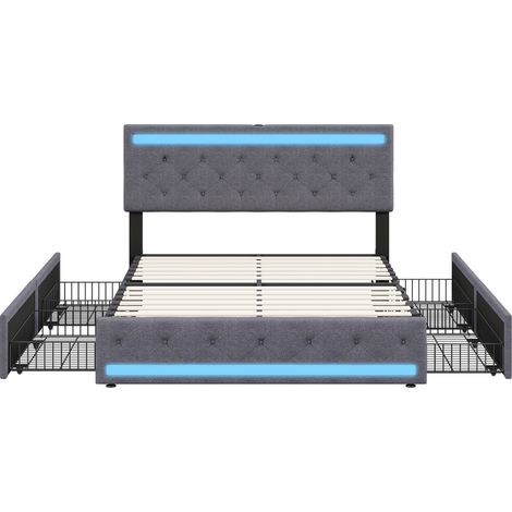 Cama doble 160 x 200 cm gris oscuro con LED, puertos USB y Type-C, 4 cajones HOMVRA (1/5)