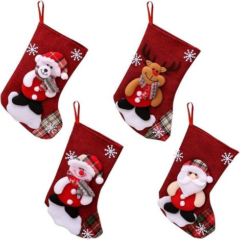 Chaussette De Noël - En Lin Naturel - Avec Anneau De Suspension - Pour Arbre De Noël Cheminée Ou Escalier - Lot De 4 (1/5)