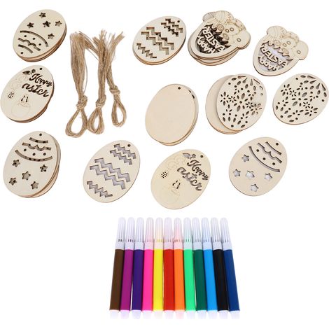 30 Pochoirs en Bois Ovales Non Finis Pâques - Lot de 30 Ornements Suspendus DIY avec 12 Pinceaux et 30 Ficelles - 6 Modèles de 5 Pièces Chacun pour Activité Créative de Fête Pascale (1/5)