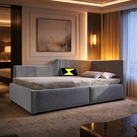 MEUBLIV Letto 90x200 cm grigio con contenitore idraulico, luce da lettura e USB-C, senza materasso (1/5)
