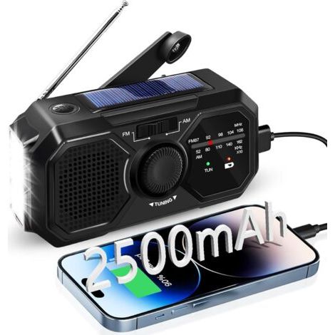 Radio Portable, AM/FM Manivelle Radio Solaire, Portative Radio à Pile avec 2500mAh Power Bank/SOS Alarm/Lampe Poch/3W Haut-parleurs, Ourdoor, Emergency (1/5)