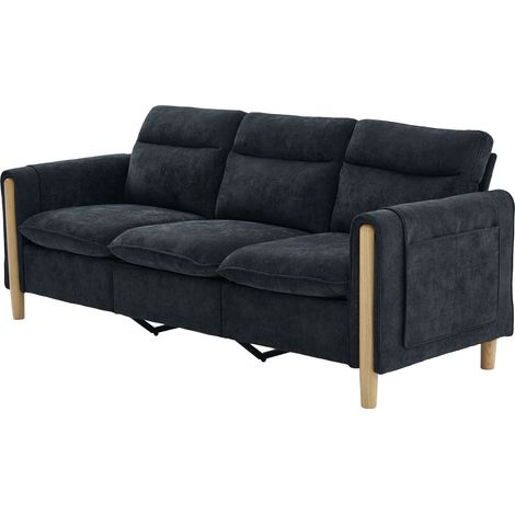Sofa esquinero de 3 plazas en chenilla negra con puf arcón, bolsillos laterales y patas de madera (1/5)