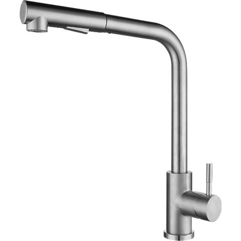 Grifo de cocina, Grifo de lavabo, Grifo de cocina de acero inoxidable con caño extraíble, monomando, perfil bajo para desagüe moderno (rosca) (1/4)