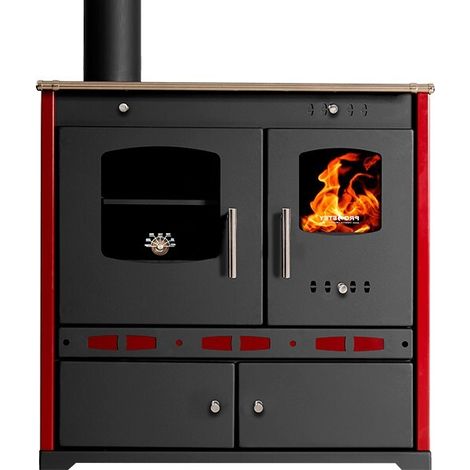 Prometey – Cuisinière à bois 7,5 kW – Efficacité A+ – Rendement 83,63% – Surface de chauffe 40-100 m² – Sortie de fumée à gauche