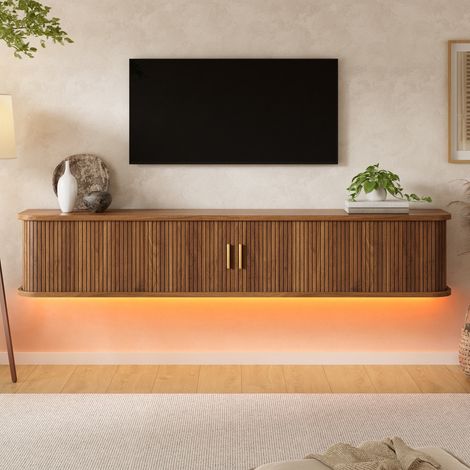 Meuble TV Suspendu 175 cm avec Éclairage LED Connecté par Application - Portes Cannelées en Bois, Design Flottant Moderne - Meuble Télé Marron (1/5)