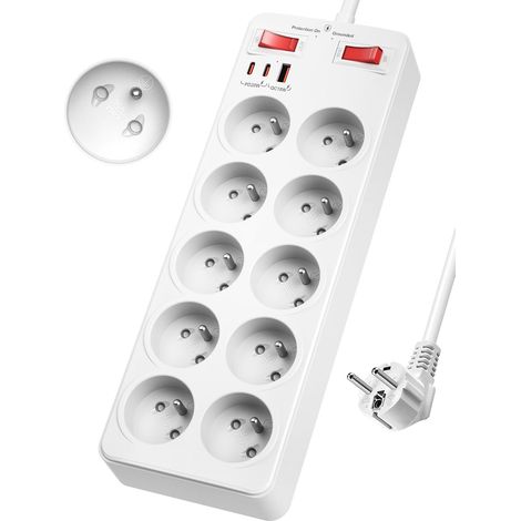 Multiprise Parafoudre et Surtension, 10 Prises Française avec Terre 2P+T Multiprise USB C PD20W Charge Rapide, Prise Multiple avec Interrupteur Parasurtenseur, Rallonge Electrique 2m Câble, Blanc (1/5)