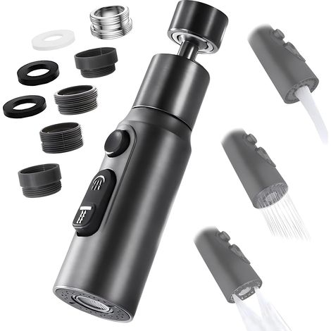 Robinet bubbler, 360 ° rotation buse robinet de cuisine, 3 modes pommeau de douche bubbler eau du robinet économie d'eau robinet d'évier adaptateur d'économie d'eau (noir) (1/5)