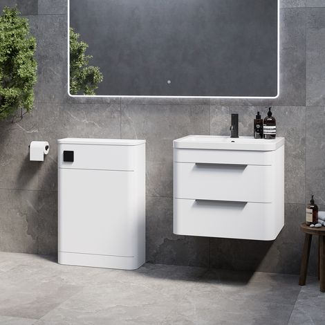Oslo Gloss White 1150mm Wall Mounted Vanity Unit Toilet Suite with Leni Basin - 1150mm - Matt Black 300mm Finger PullWithout Jubilee Toilet Pan