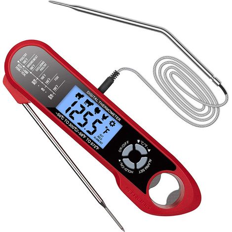 Digitales Küchenthermometer mit Timer, sofort ablesbares Kochthermometer mit Doppelsonden-LCD-Display und Alarmeinstellungen für Fleisch, Grill, Gebäck, Milch usw. (rot) (1/5)