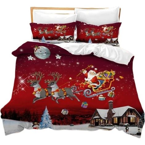 Housse de couette de Noël 220x240cm, parure de lit avec 2 taies d'oreiller 50x75cm, motif Père Noël et rennes (1/5)