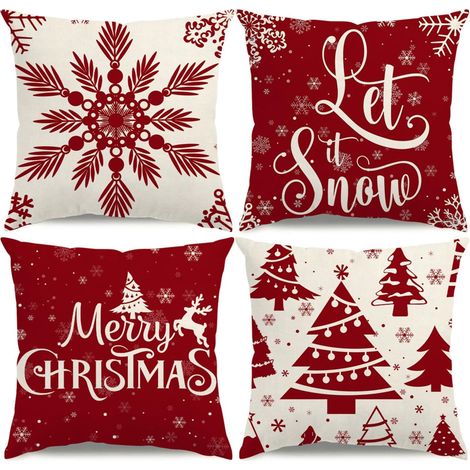 Fundas de cojín navideñas con copos de nieve rojos, juego de 4 (45 x 45 cm). Fundas de cojín decorativas para la temporada navideña con diseño de árbol de Navidad. (1/5)