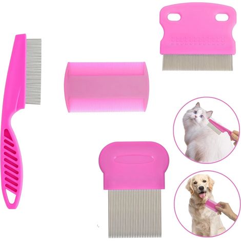 Ensemble de 4 peignes anti-puces roses pour chats et chiens, outil de toilettage et d'épilation multifonctionnel pour chiots et chatons. (1/4)