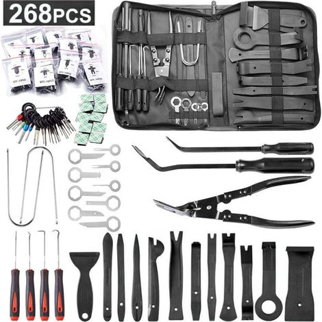 268 Pièces Outils De DéMontage De Garnitures Trousse, pour Panneau Accessoires Porte Autoradio Tableau De Bord De Voiture, avec Broches De Retenue, Ensemble à Pince et Extracteur D’Attaches (noir) (1/5)