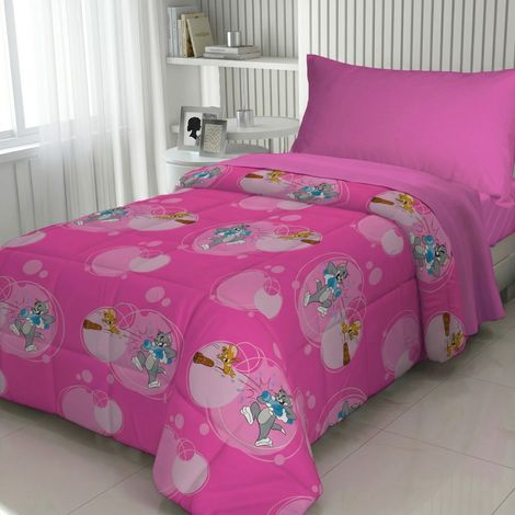 Couvre-lit simple pour enfants 170x250 Tom and Jerry rose « TJ Bottle » – Courtepointe légère 80 g/m² en microfibre, fabriquée e (1/5)