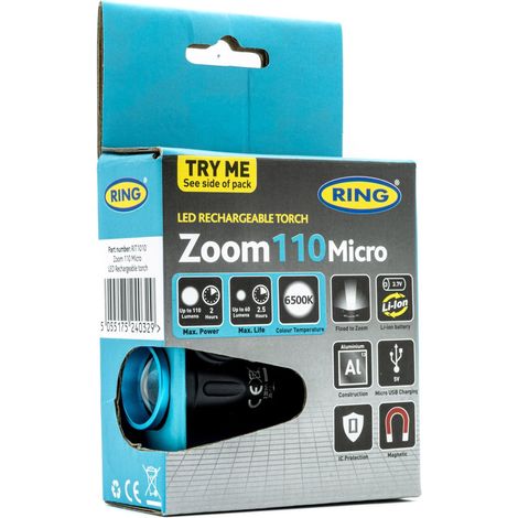 Linterna de inspección LED de 110 lm, 6500 K, imán, zoom y carga USB.