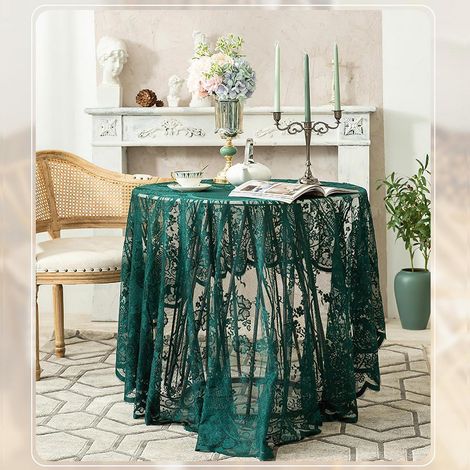 Spitze Tischdecke Dunkelgrün Rund 150cm Vintage Floral Bestickt für Hochzeit & Party