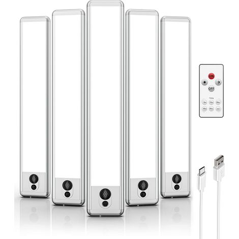 Réglette LED Rechargeable Sans Fil 23cm avec Détecteur de Mouvement et Télécommande, 5700K 3 Modes Dimmable, Lampe Intérieure pour Éclairage Cuisine, Escalier, Placard, Lot de 5, Classe A (1/5)