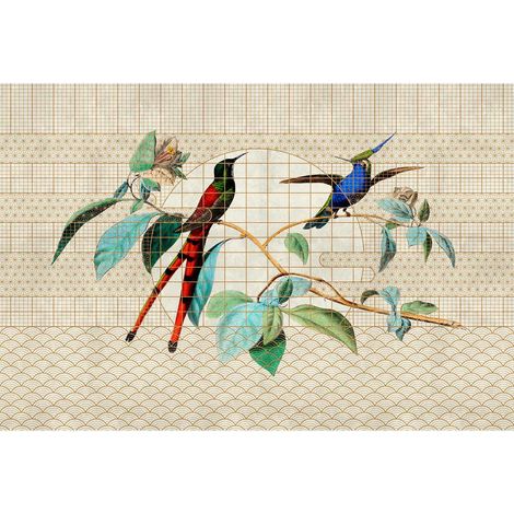 Papier peint panoramique oiseaux jardin d'hiver Tapisserie panoramique vintage pour cuisine Papier peint panoramique animaux beige (1/2)