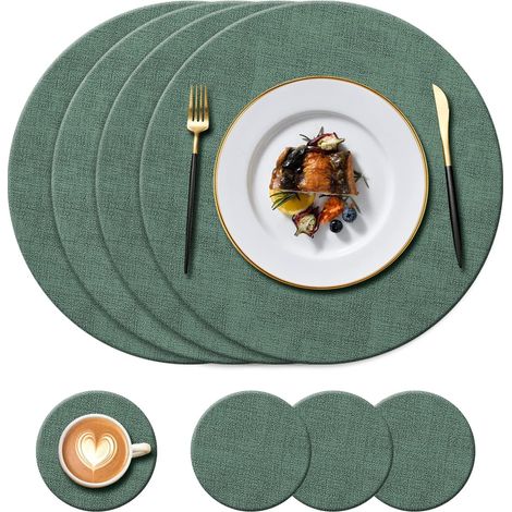 Lot de 4 sets de table ronds lavables en cuir (34 cm) avec dessous de verre (10 cm), résistants à la chaleur, antidérapants et imper (1/5)