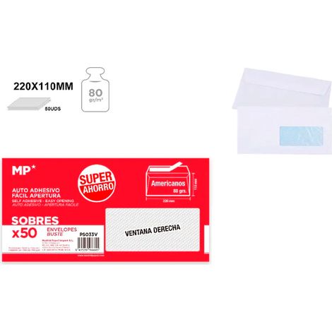 Enveloppes Américaines Autocollantes à Fenêtre 220 X 110 Mm, 50 Unités