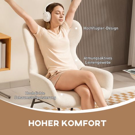Fauteuil oreilles capitonné moderne, dossier haut, assise épaisse, piètement métal, blanc crème (1/4)